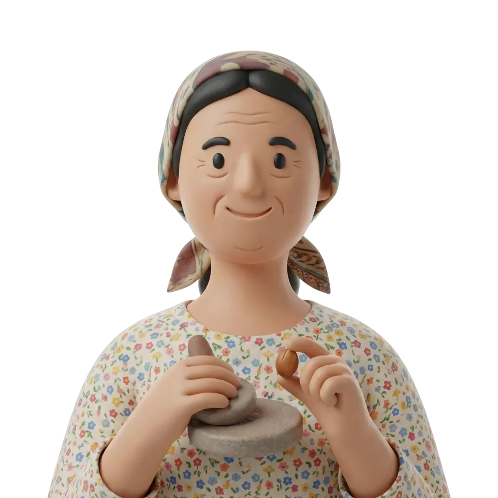 3D portrait bust of an older woman wearing a patterned headscarf and a floral blouse, holding an argan nut between her fingers and a small stone grinder in the other hand with a warm, gentle smile. Isolated black background with an isolated render look.