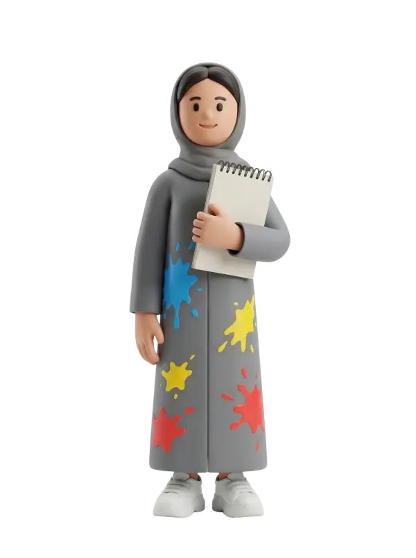Full-body 3D character of a young woman wearing a grey hijab and matching long grey dress splattered with blue, yellow and red paint, holding a spiral sketchbook to her chest with a gentle smile and standing pose, isolated on a transparent background.