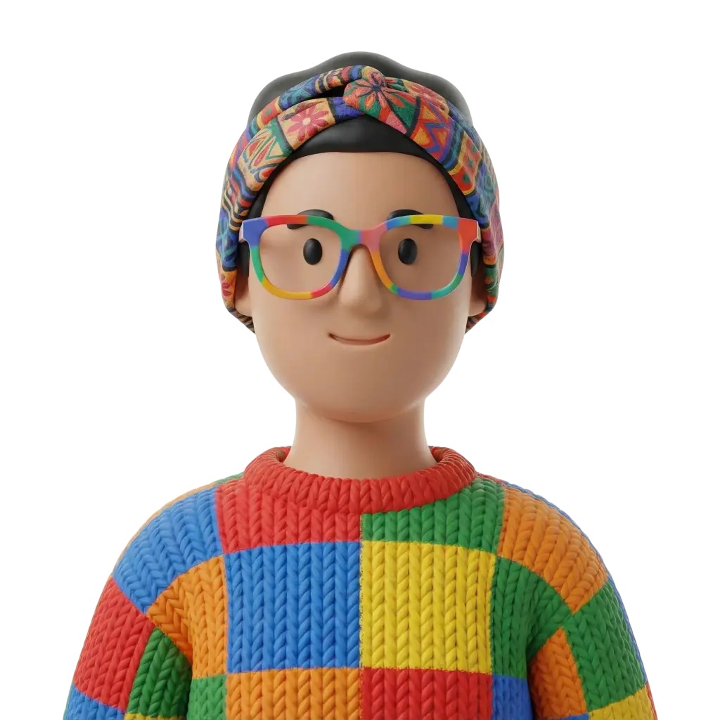 3D portrait bust of a woman wearing a colorful patterned headscarf, rainbow glasses, and a multicolored patchwork knit sweater, smiling subtly against a black background.