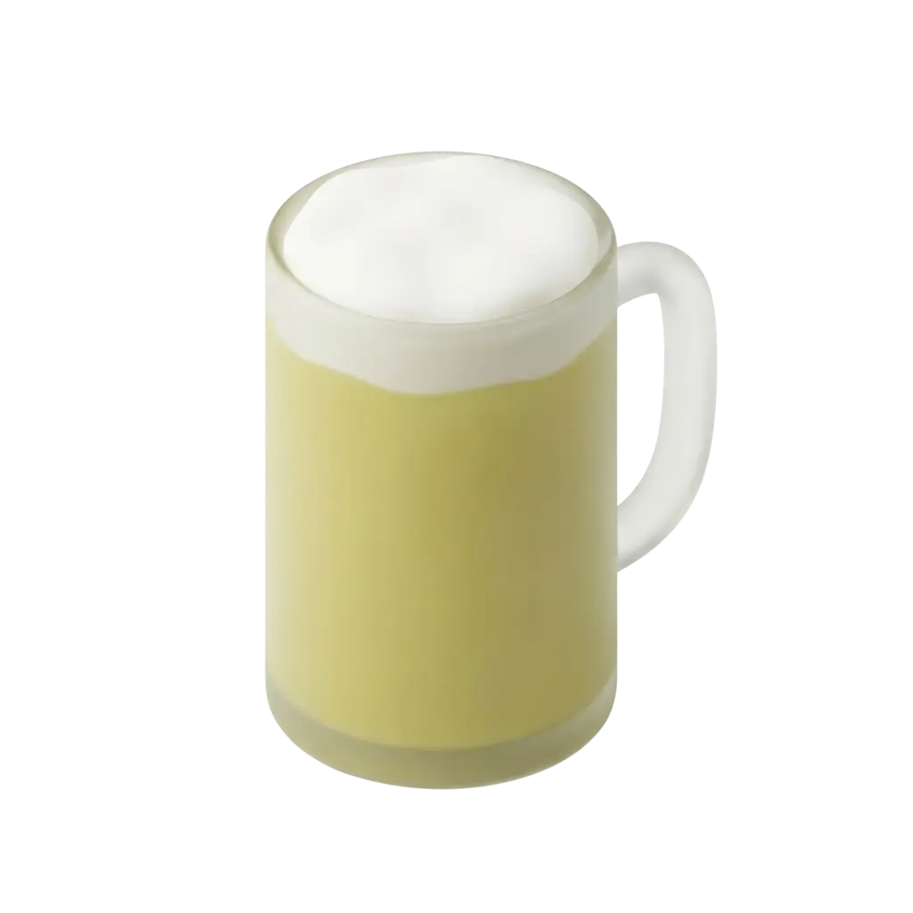 3D render of a pale yellow-green sugarcane juice in a clear glass mug topped with white froth, smooth liquid texture and slight foam on top, isolated on a black background.
