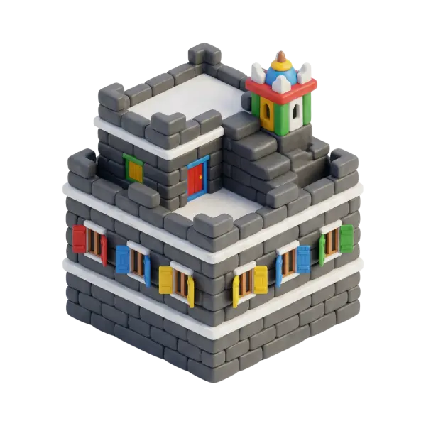 3D render of a stylized Asir stone house with rounded gray block bricks, colorful wooden shutters in red/blue/yellow/green, and a small decorative rooftop tower with a domed cap; matte clay-like finish on an isolated transparent background.