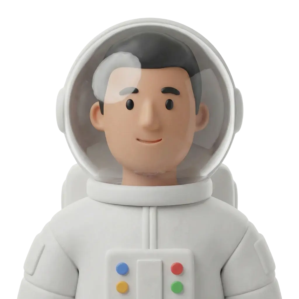 3D portrait bust of a male astronaut wearing a white spacesuit and clear bubble helmet, short dark hair, neutral smile, and a chest control panel with colored buttons. Posed against a black isolated background with a glossy visor reflection.