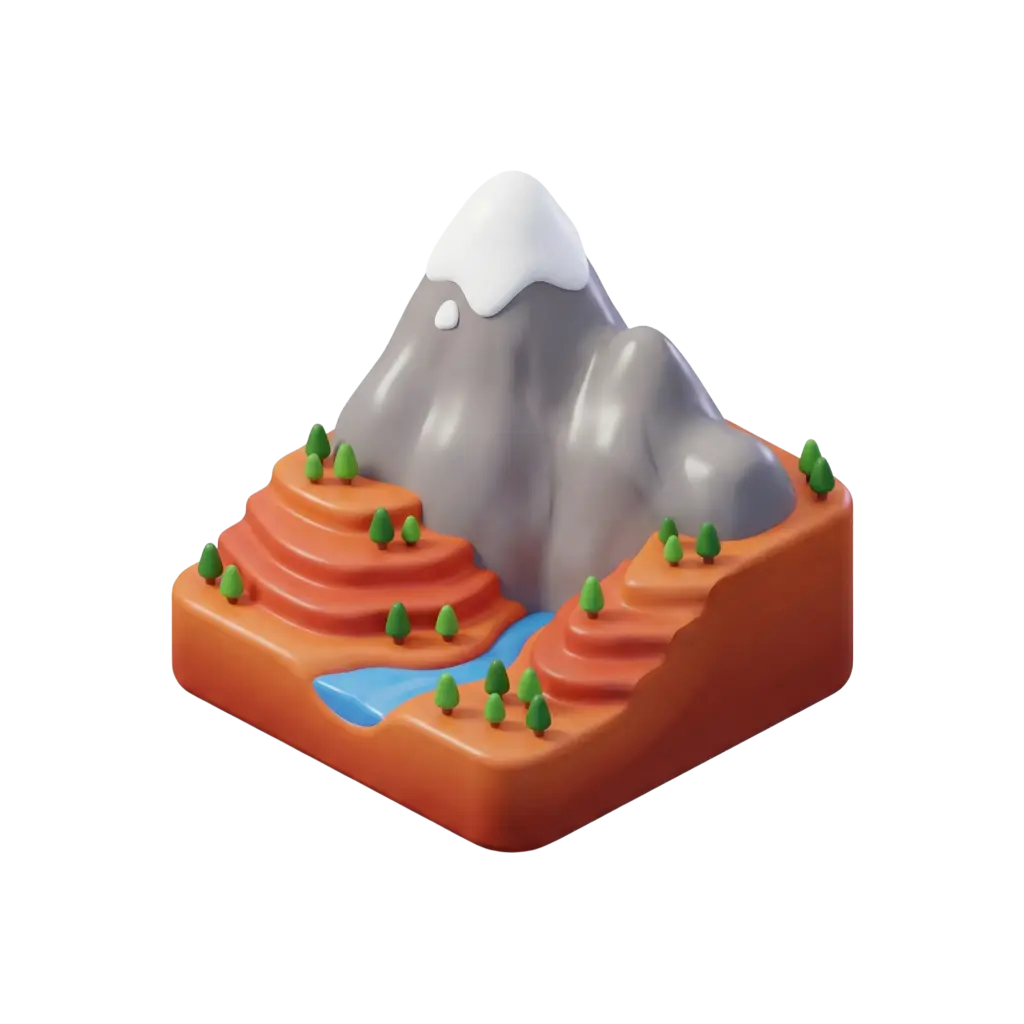 3D render of a stylized diorama of the Atlas Mountains with a glossy gray snow-capped peak, terraced orange-brown plateaus, a small blue river and scattered green conical trees. The model has a smooth, toy-like glossy finish and is shown as an isolated render on a black background.