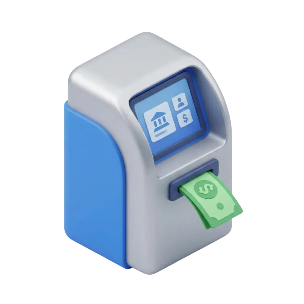 3D render of a compact ATM machine with rounded, blocky forms in light gray plastic body and blue side panels, featuring a small blue touchscreen with icons and a slot dispensing green dollar bills; matte plastic finish and soft shading. Isolated on a black background.