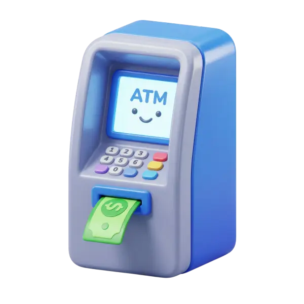 3D render of a stylized ATM machine in smooth glossy plastic with a light blue and gray body, a smiling screen that reads "ATM", a colorful numeric keypad and a green banknote partly ejected from the slot, presented on a dark/black background.