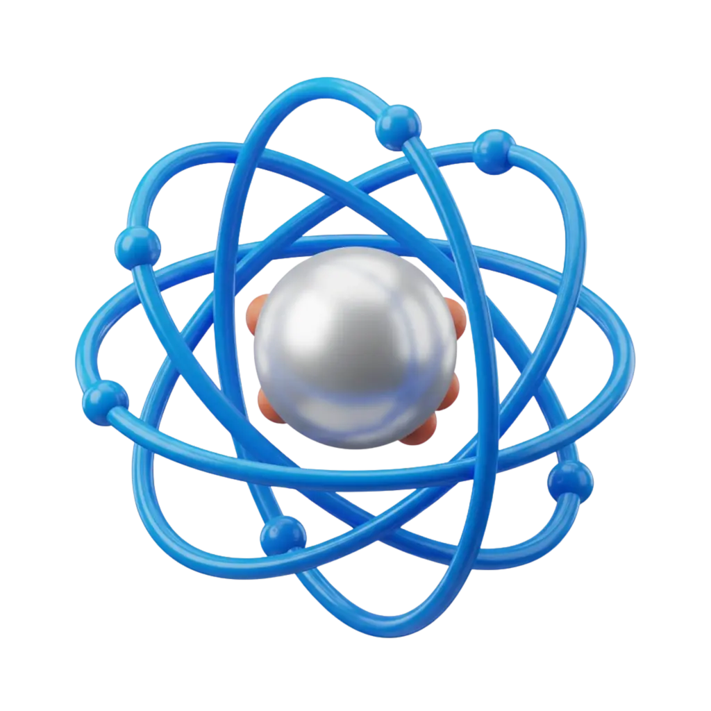 3D render of a stylized atom: a glossy metallic silver nucleus surrounded by intersecting glossy blue orbital rings with small blue spherical electrons; peach-colored connectors peek behind the core. Isolated on a solid black background with high-gloss reflections.