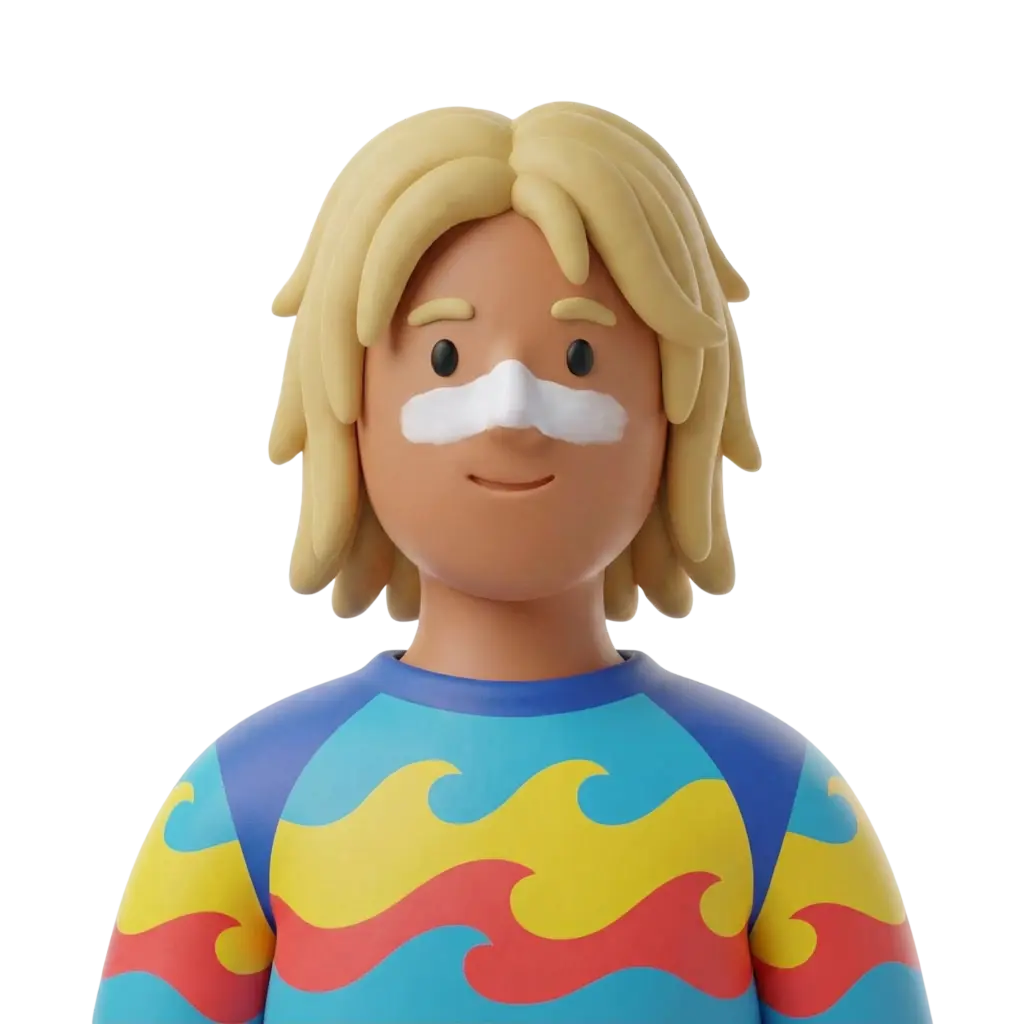 3D portrait bust of a male Australian surfer with shoulder-length blond hair, wearing a colorful wave-pattern rash guard and a white zinc sunscreen stripe across the nose, smiling gently against a plain black background.