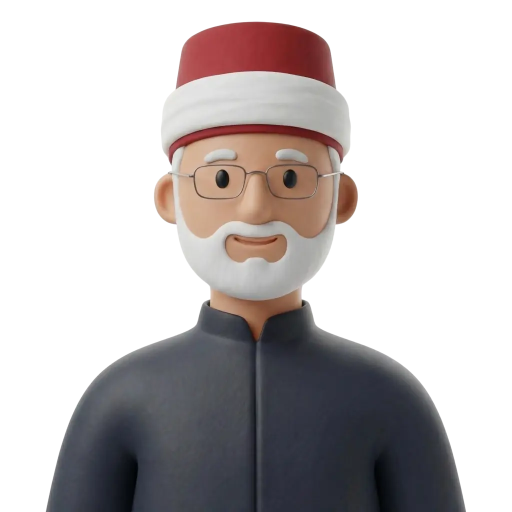 3D portrait bust of an elderly male Azhari sheikh wearing a red tarboosh wrapped with a white turban band, round glasses, and a full white beard, dressed in a dark traditional robe with a calm, friendly expression. The character is shown from the chest up on a solid black background.