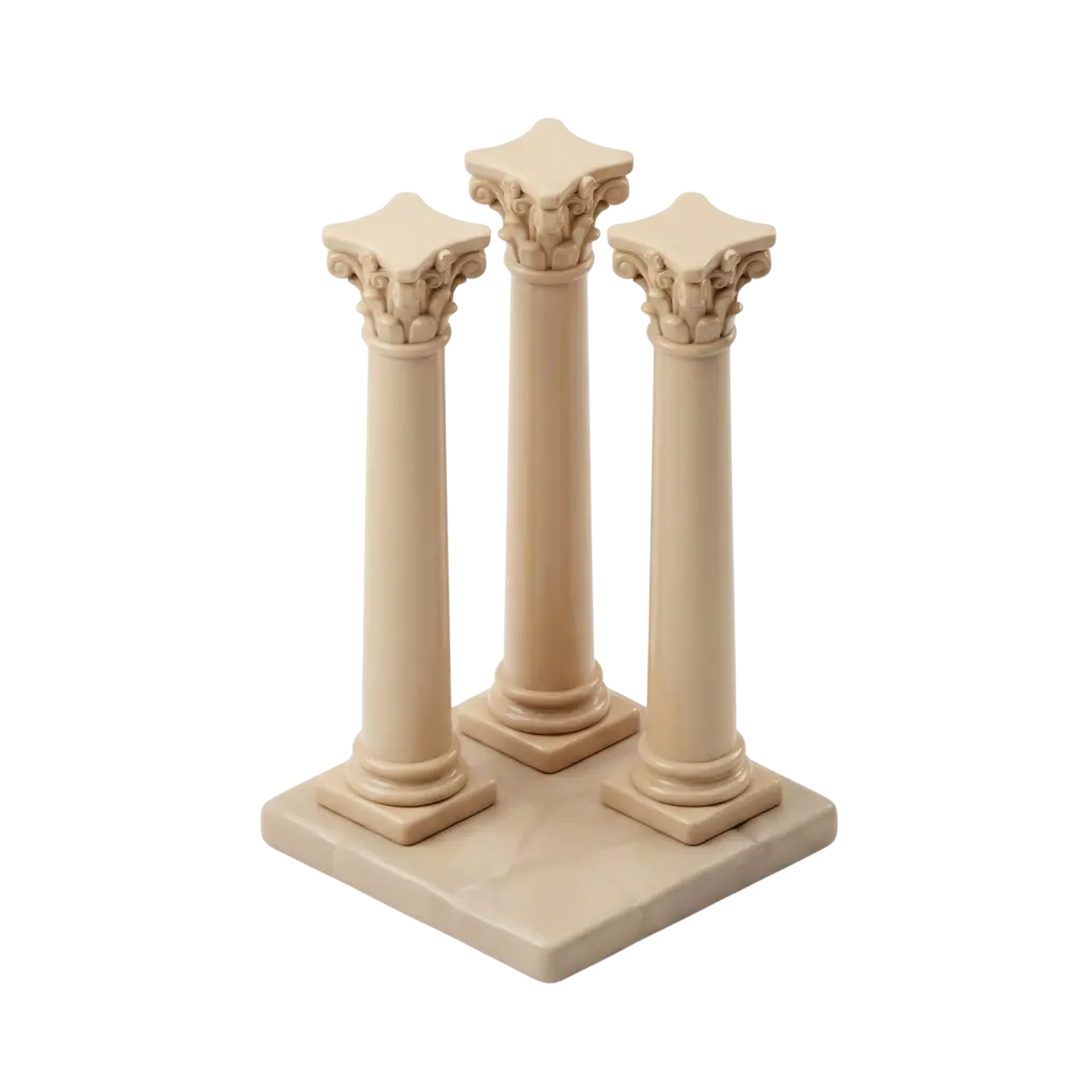 3D render of three beige marble Corinthian-style columns with ornate capitals standing on a square marble plinth, glossy polished finish and smooth cylindrical shafts. Presented on a transparent background.