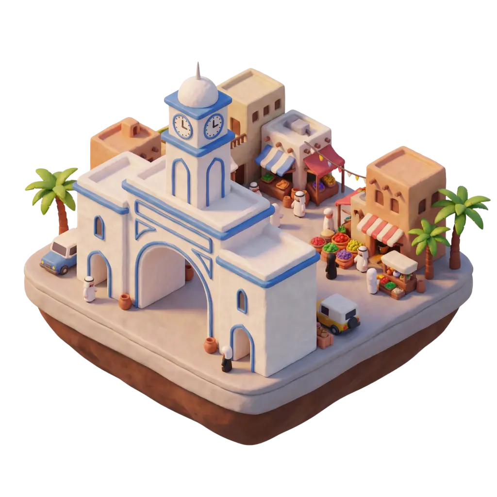 3D render of a stylized market gate and clock tower on a floating base, showing Bab Al Bahrain with whitewashed arches, blue trim, surrounding low-rise souq buildings, palm trees, market stalls with colorful produce, tiny figures in traditional Gulf dress, and soft warm lighting from an elevated front-right perspective.