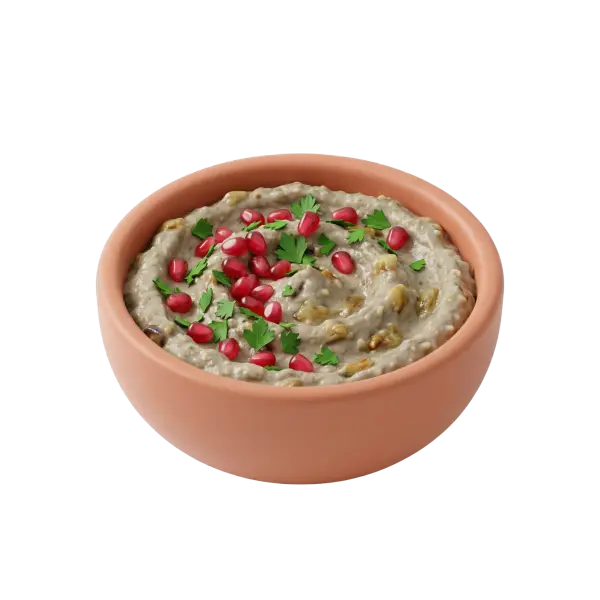 3D render of a terracotta bowl filled with creamy baba ghanoush / mutabal topped with bright red pomegranate seeds and green parsley leaves; visible roasted eggplant bits and a smooth, slightly chunky texture on a black isolated background.