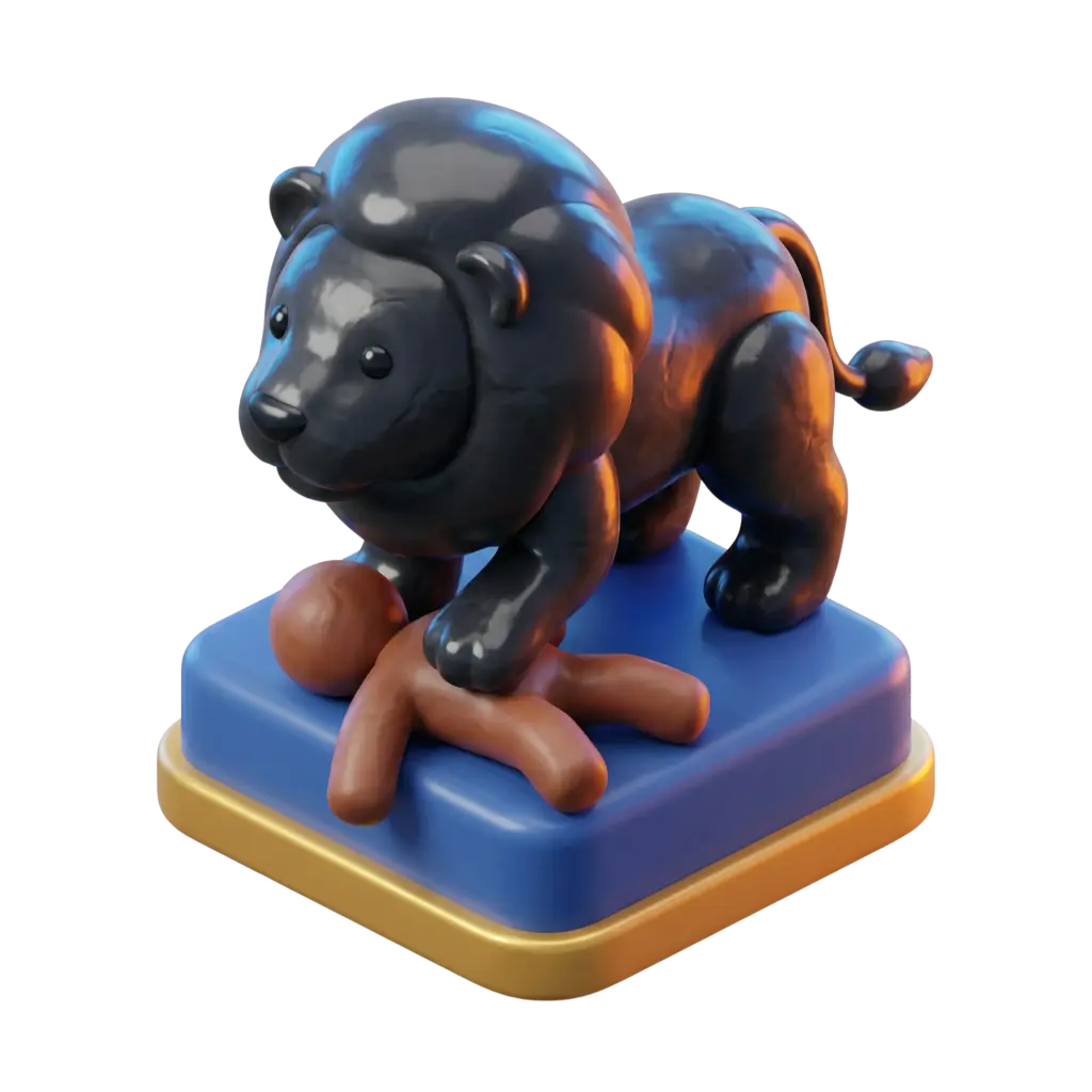 3D render of a stylized glossy black Babylonian lion figurine with a rounded mane, posed over a small brown human-shaped figure on a blue rounded-square pedestal with a gold base; plastic/ceramic-like glossy finish and isolated on a transparent background.