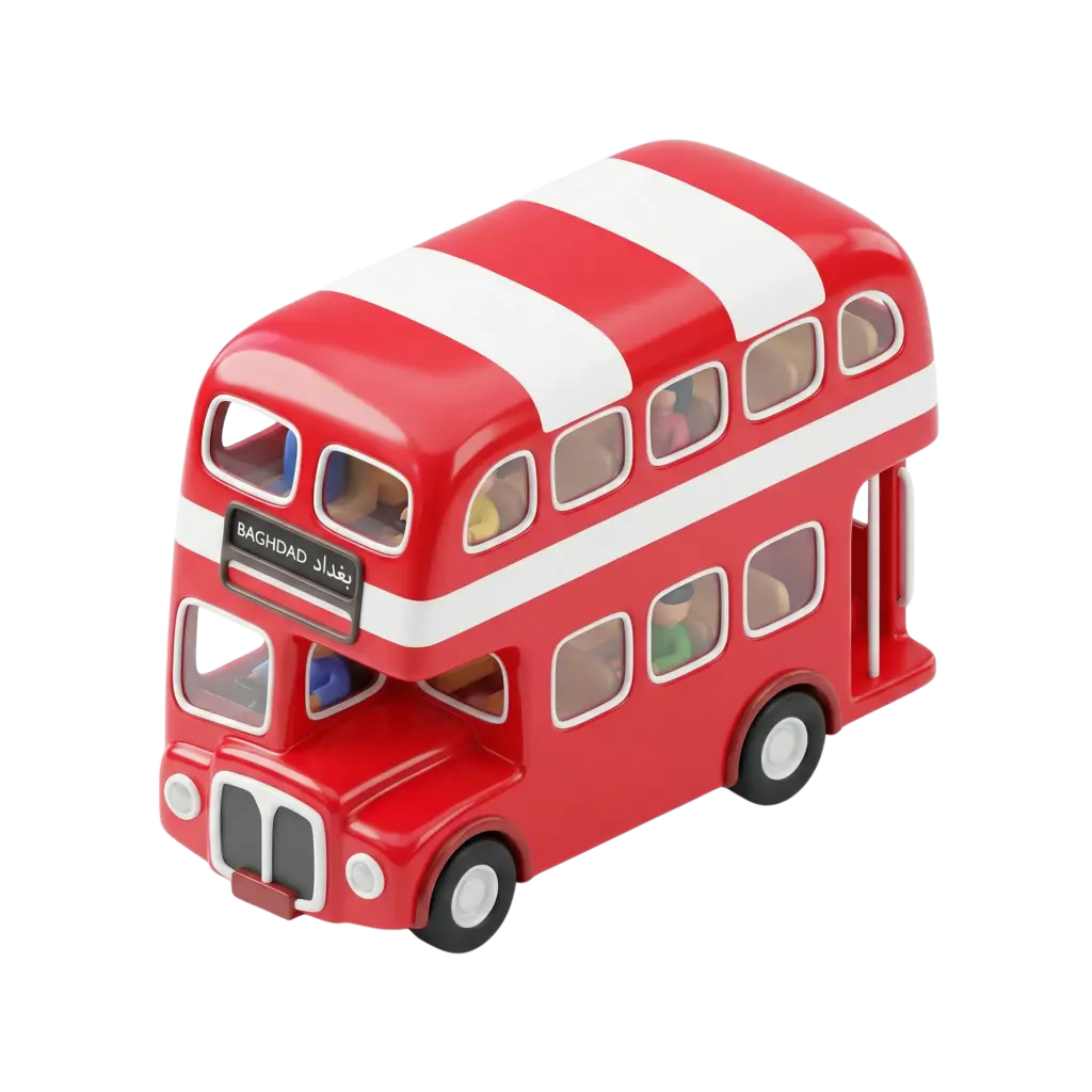 3D render of a glossy red double-decker bus with bold white stripes, rounded windows and tiny stylized passengers visible inside, toy-like plastic finish on an isolated black background.