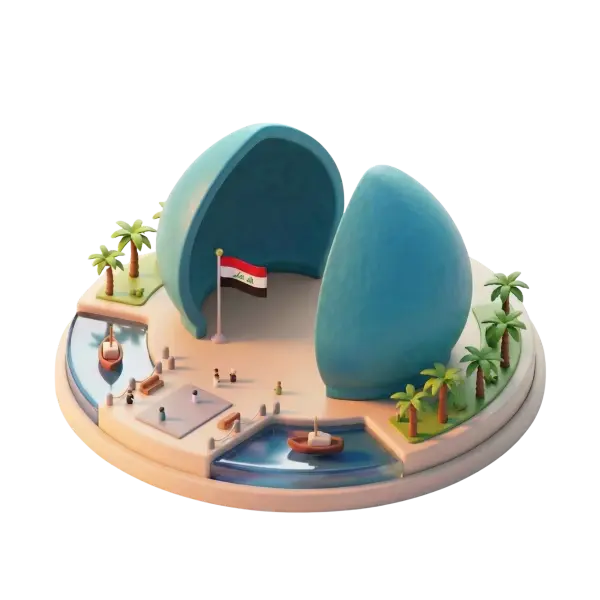 3D render of a stylized diorama of Baghdad's Freedom Monument featuring two large blue shell-like sculptural forms opening onto a small plaza with an Iraqi flag, palm trees, narrow water channels and tiny boats; soft, warm lighting and isolated on a dark/transparent background.