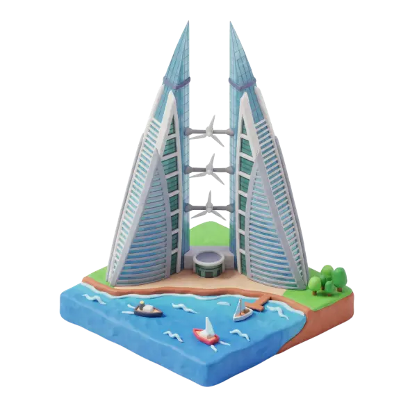 3D render of the Bahrain World Trade Center: twin sail-shaped glass towers linked by three large horizontal wind turbines, set on a small coastal base with blue sea, tiny sailboats, green lawn and a few trees; frontal isolated perspective with soft studio lighting.