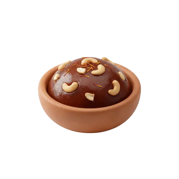 Close-up of a glossy dark-brown Bahraini halwa ball studded with cashew pieces and saffron strands, served in a small terracotta bowl on a black isolated background.