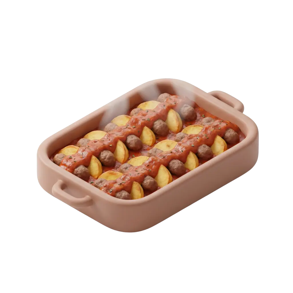 3D render of a rectangular pink ceramic baking dish filled with rows of baked kofta meatballs and golden potato wedges in tomato sauce, garnished with herbs and light steam. Black isolated background with the dish angled slightly, showing handles and glossy sauce texture.