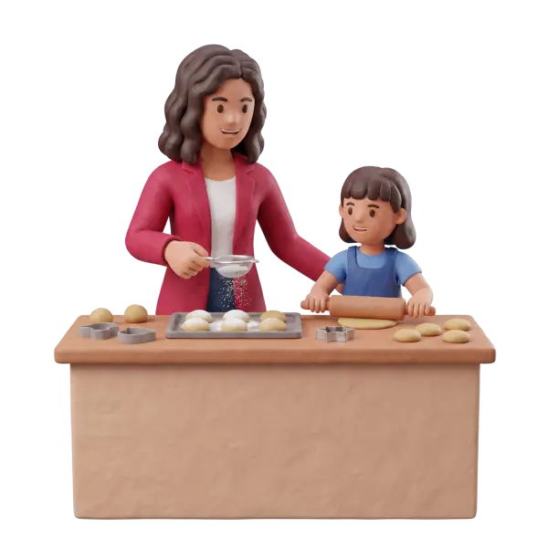 Full-body 3D scene of a smiling woman in a red jacket and a young girl in a blue apron baking together at a kitchen table with dough, cookie cutters, a rolling pin and a tray of round cookies. The woman is sifting powdered sugar over the tray while the child rolls dough; isolated render on a black background.