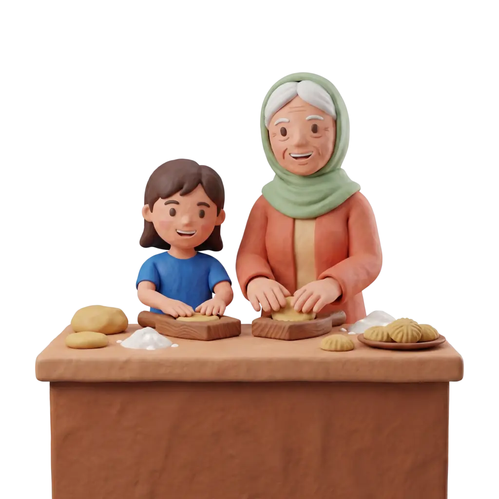 Full-body 3D scene of an elderly woman wearing a green headscarf and orange coat rolling dough beside a smiling young girl in a blue shirt; both shaping dough on wooden boards with flour, dough pieces and pastries on a table. Background is solid black.