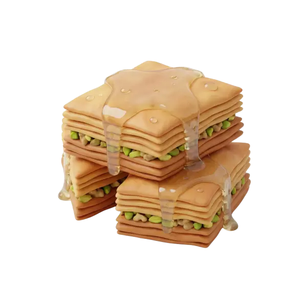 3D render of stacked baklava squares showing layered filo pastry, chopped pistachios and glossy honey syrup dripping, isolated on a black background.