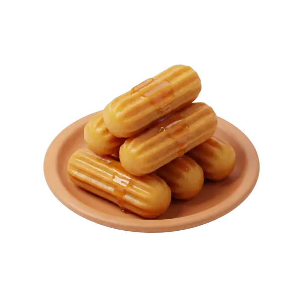 3D render of a stack of glazed balah el sham (golden ridged fried pastries) on a terracotta plate; glossy sugar syrup drips over the ridged surfaces, isolated on a black background.