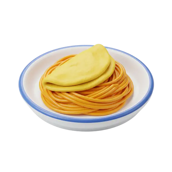 3D render of a shallow white ceramic bowl with a blue rim holding a nest of glossy yellow-orange vermicelli topped by a folded pale yellow omelette; smooth noodle strands and soft egg texture visible against a solid black background.
