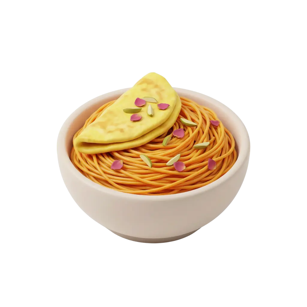 3D render of balaleet in a white bowl: coiled orange-yellow vermicelli noodles topped with a folded yellow omelette, garnished with green pistachio slivers and pink rose petals on a black background.