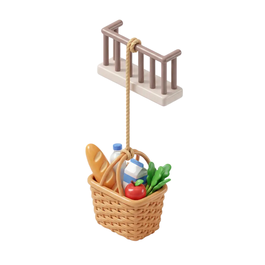 3D render of a woven balcony basket hanging from a short balcony railing by a knotted rope, filled with a baguette, milk cartons, a bottle, a tomato and green leaves; glossy, stylized plastic finish with soft highlights. Isolated render on a transparent background.