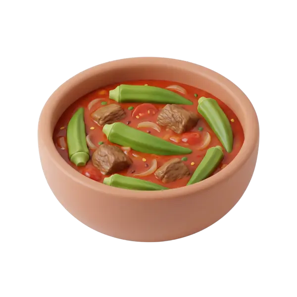 3D render of a terracotta bowl with tomato-based bamia stew showing whole green okra pods, brown meat chunks, sliced onions and peas in a glossy red broth on a black isolated background.