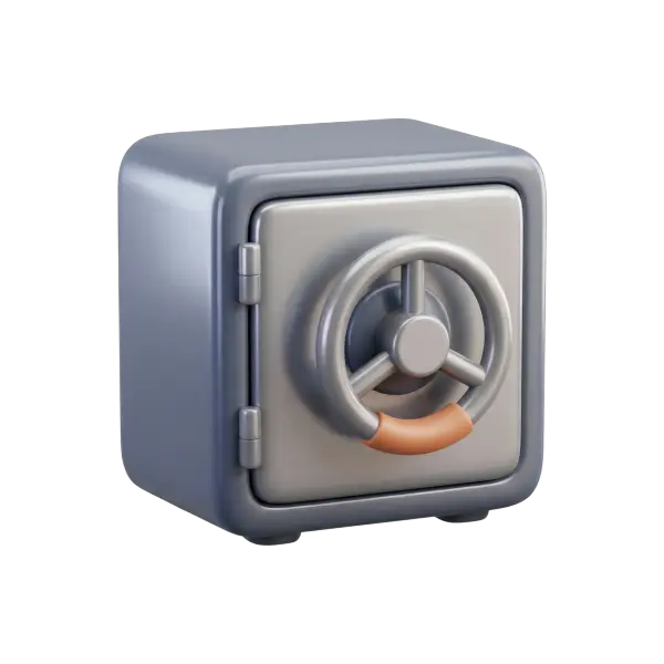 3D render of a compact square bank safe with rounded edges, smooth grey metallic finish and a circular wheel handle with a brown grip, isolated on a transparent background.
