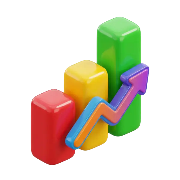3D render of a colorful glossy bar graph featuring three rounded rectangular bars in red, yellow, and green with a multicolored upward arrow and a plastic-like reflective finish on a black background.