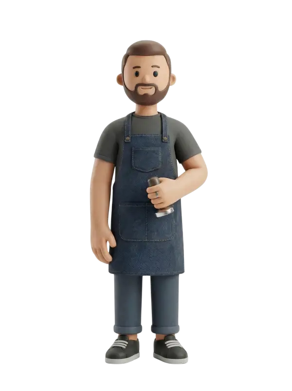 Full-body 3D character of a male tattooed barista with short brown hair and a trimmed beard, wearing a gray t-shirt, blue denim apron, rolled cuff pants and black sneakers, holding a coffee tamper in his right hand. Neutral friendly expression and casual standing pose on a transparent/isolated background.