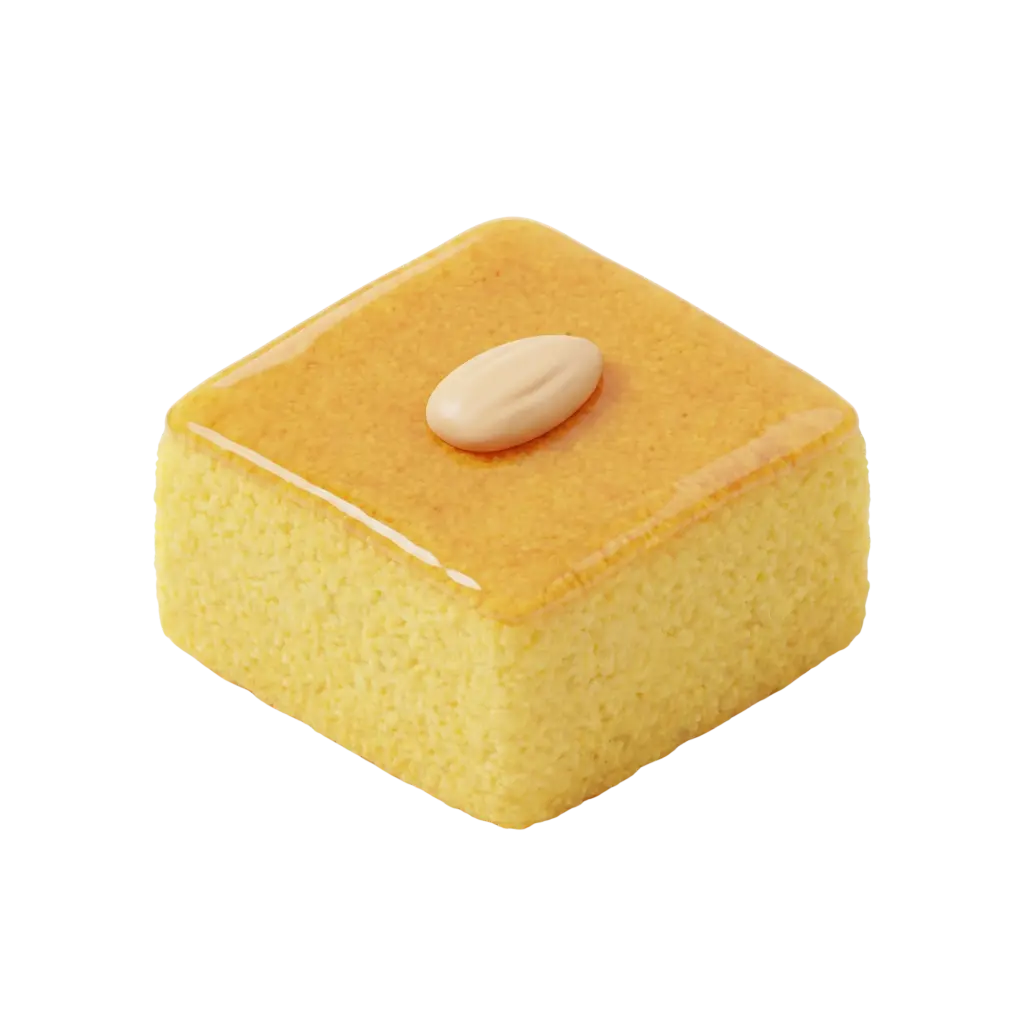 3D render of a square basbousa piece with a glossy syrup glaze, a single almond on top, golden-yellow crumb texture, isolated on a black background.
