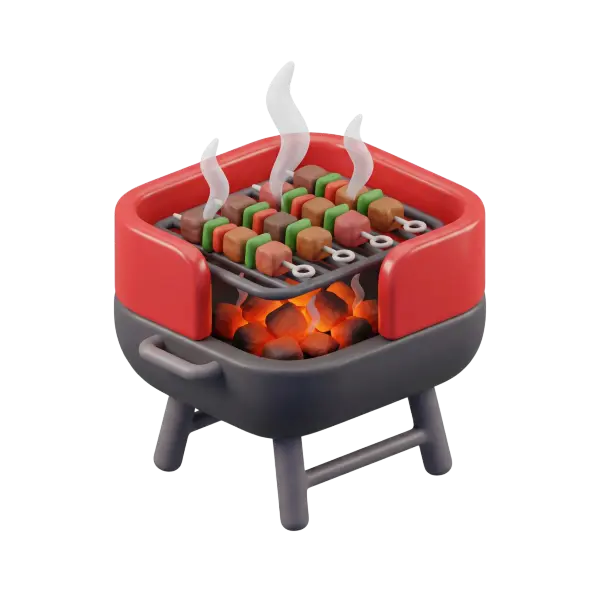 3D render of a compact square BBQ grill with a glossy red rounded top and matte dark gray base, metal grate holding colorful skewers and glowing charcoal embers, stylized cartoon proportions on a transparent background.