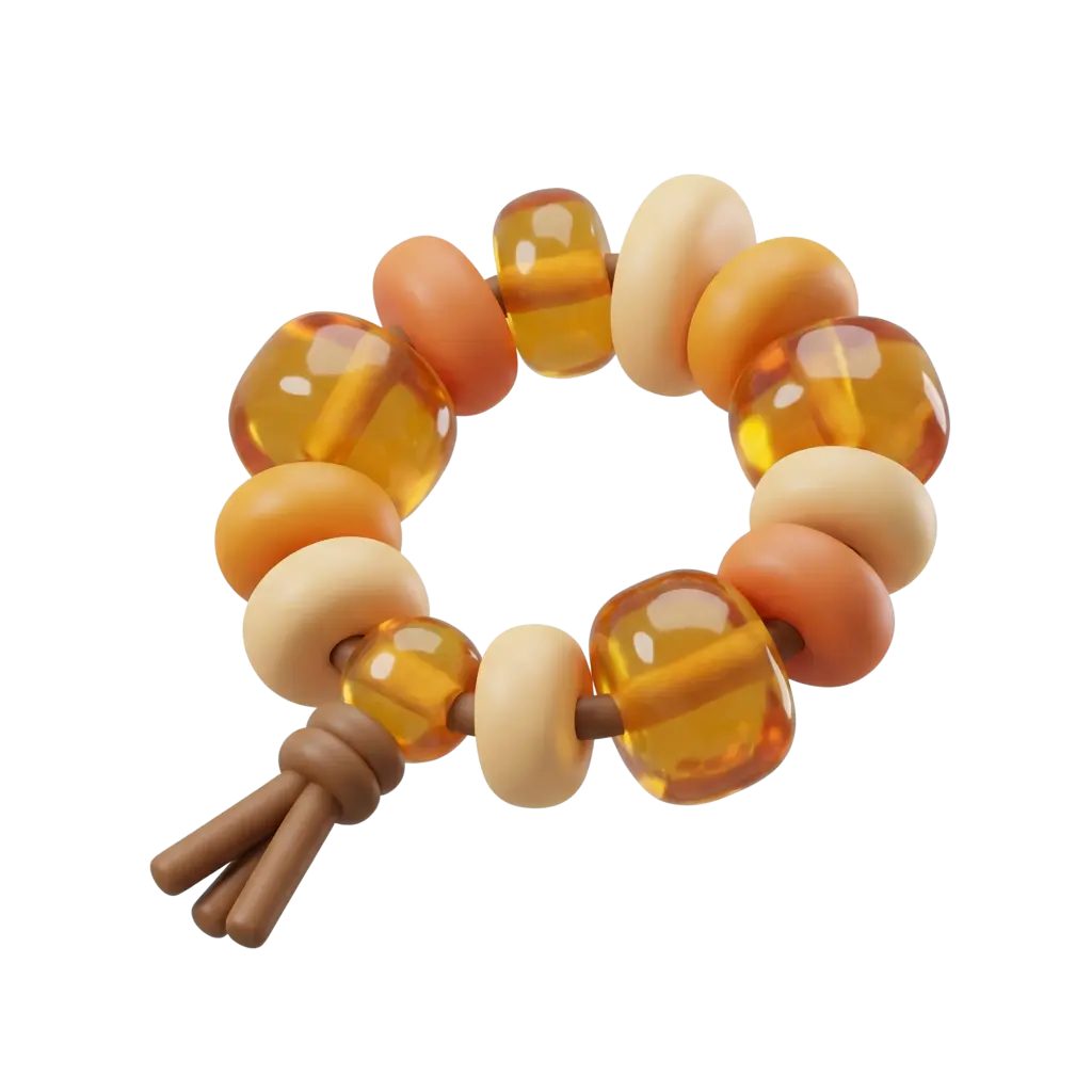 3D render of a circular strand of mixed beads featuring glossy translucent amber beads paired with matte cream and terracotta donut beads threaded on a brown cord with a knotted tassel. Isolated on a transparent background.