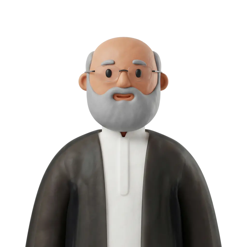 3D portrait bust of an elderly bearded man with a bald head, wearing round glasses, a gray full beard, a white thobe and a dark brown robe (bisht), neutral gentle smile, facing forward on a black isolated background. High-quality stylized clay-like render showing head and shoulders with an isolated transparent-ready composition.