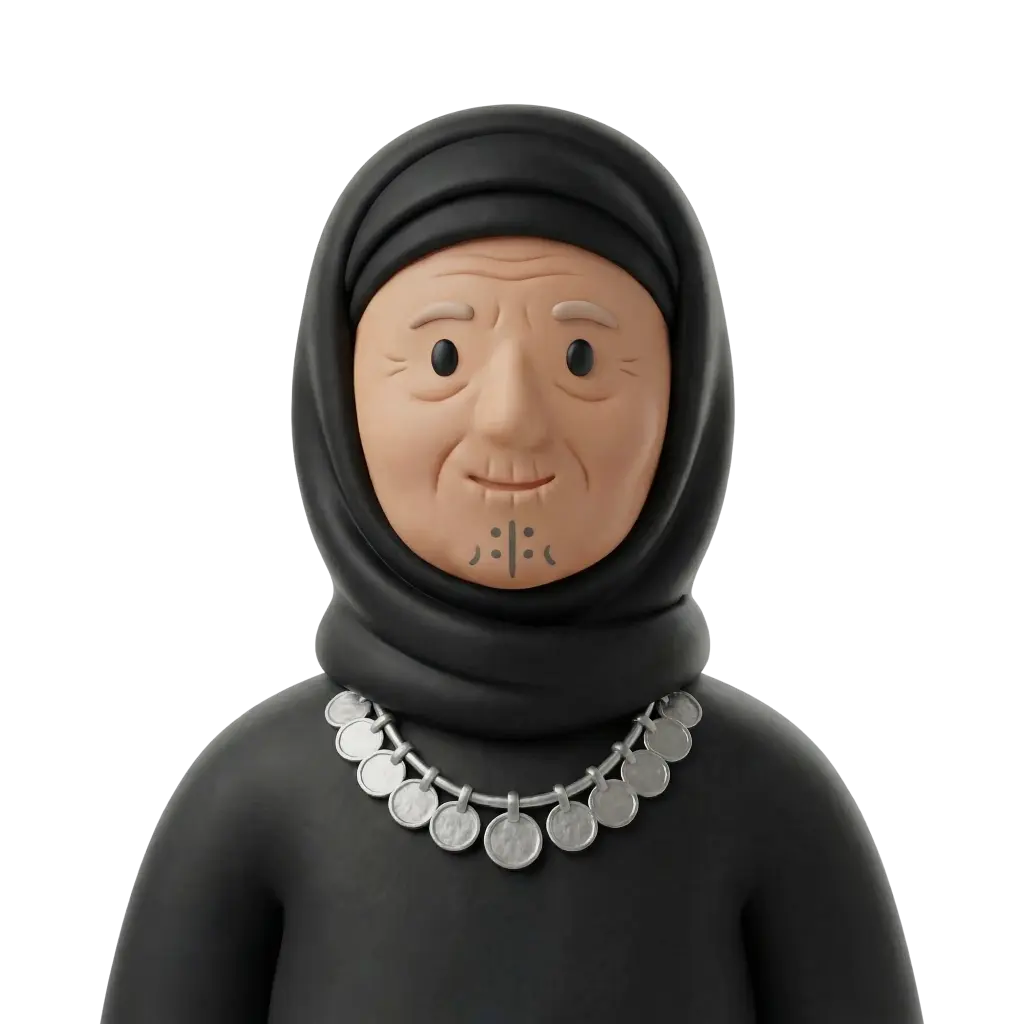 3D portrait bust of an elderly Bedouin woman wearing a black headscarf and a round-coin necklace, with subtle chin tattoos, soft wrinkles and a gentle smile against a black background.