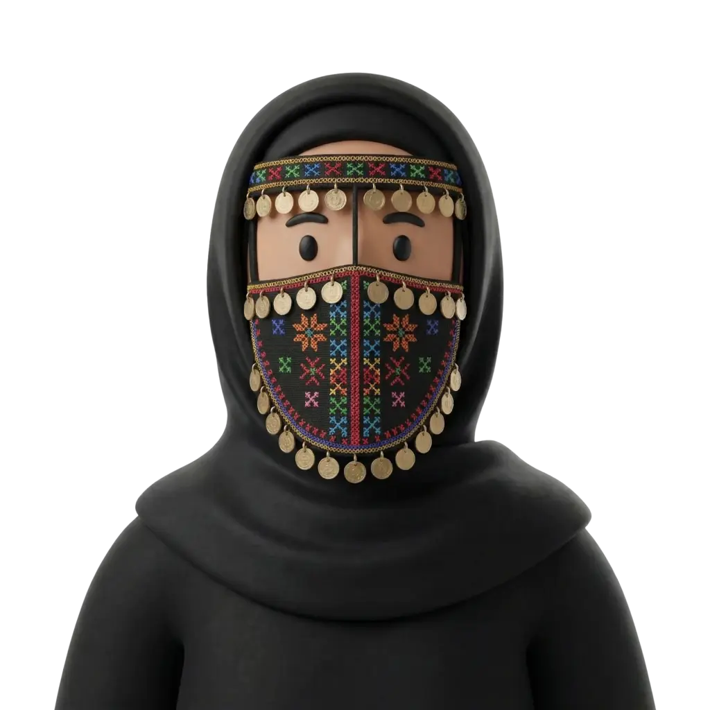 3D portrait bust of a Bedouin Sinai woman wearing a black headscarf and a black embroidered face covering decorated with colorful geometric cross-stitch patterns and dangling gold coins; neutral expression, forward-facing pose, isolated on black background.