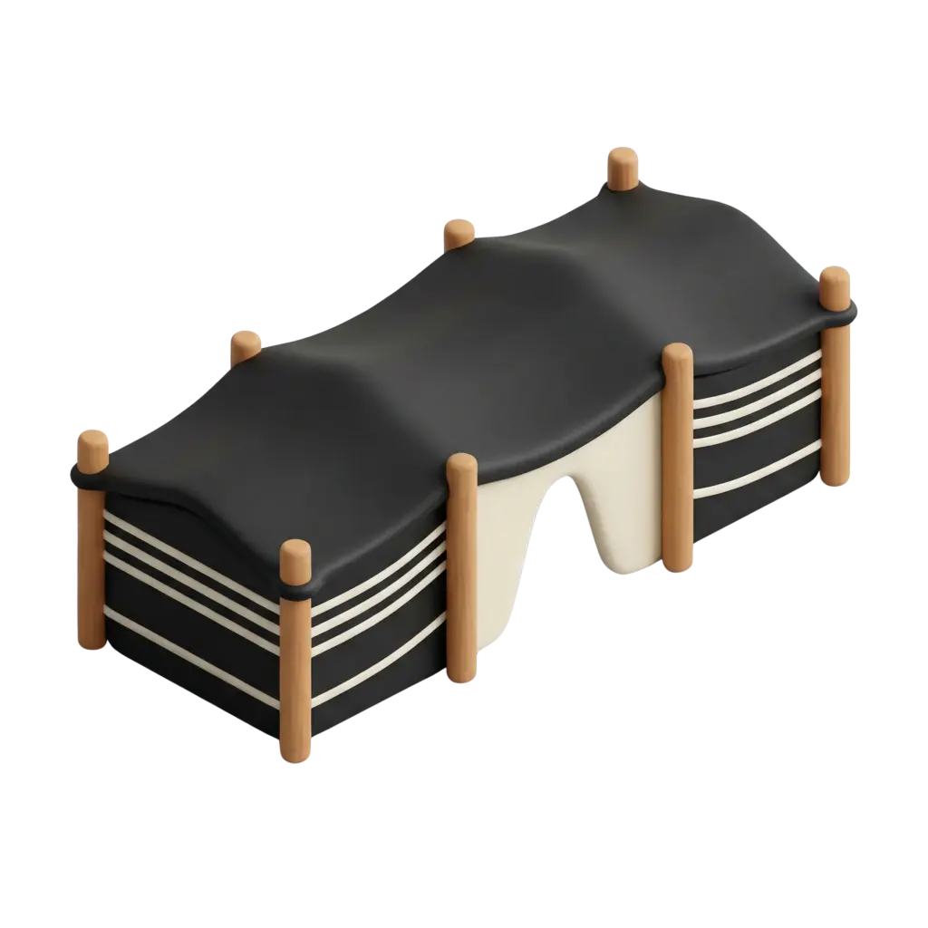 3D render of a stylized Bedouin tent with a matte black wavy fabric roof, cream arched entrance and horizontal cream stripes, supported by light wooden posts; smooth wooden and fabric finishes on a transparent background.