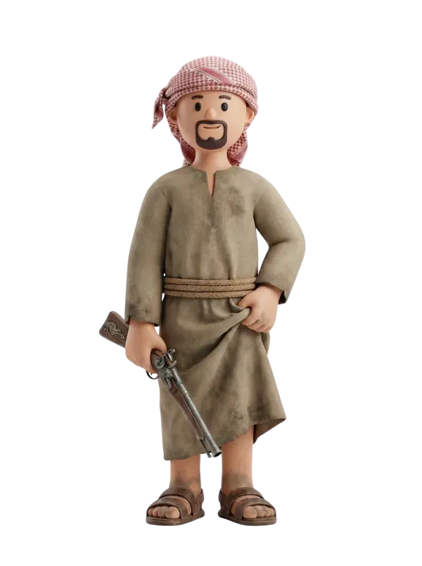 Full-body 3D character of a male Bedouin wearing a weathered beige thobe-like tunic, red-and-white keffiyeh (شماغ), rope belt and sandals, with a short goatee and holding an antique musket rifle, standing in a neutral pose on a transparent black background.