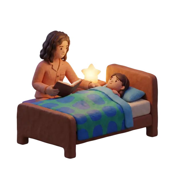 Full-body 3D scene of a female parent in pink pajamas reading a book to a child tucked into bed under a blue-green blanket with a glowing star nightlight on a bedside table; stylized clay-like characters and warm soft lighting on a black background.
