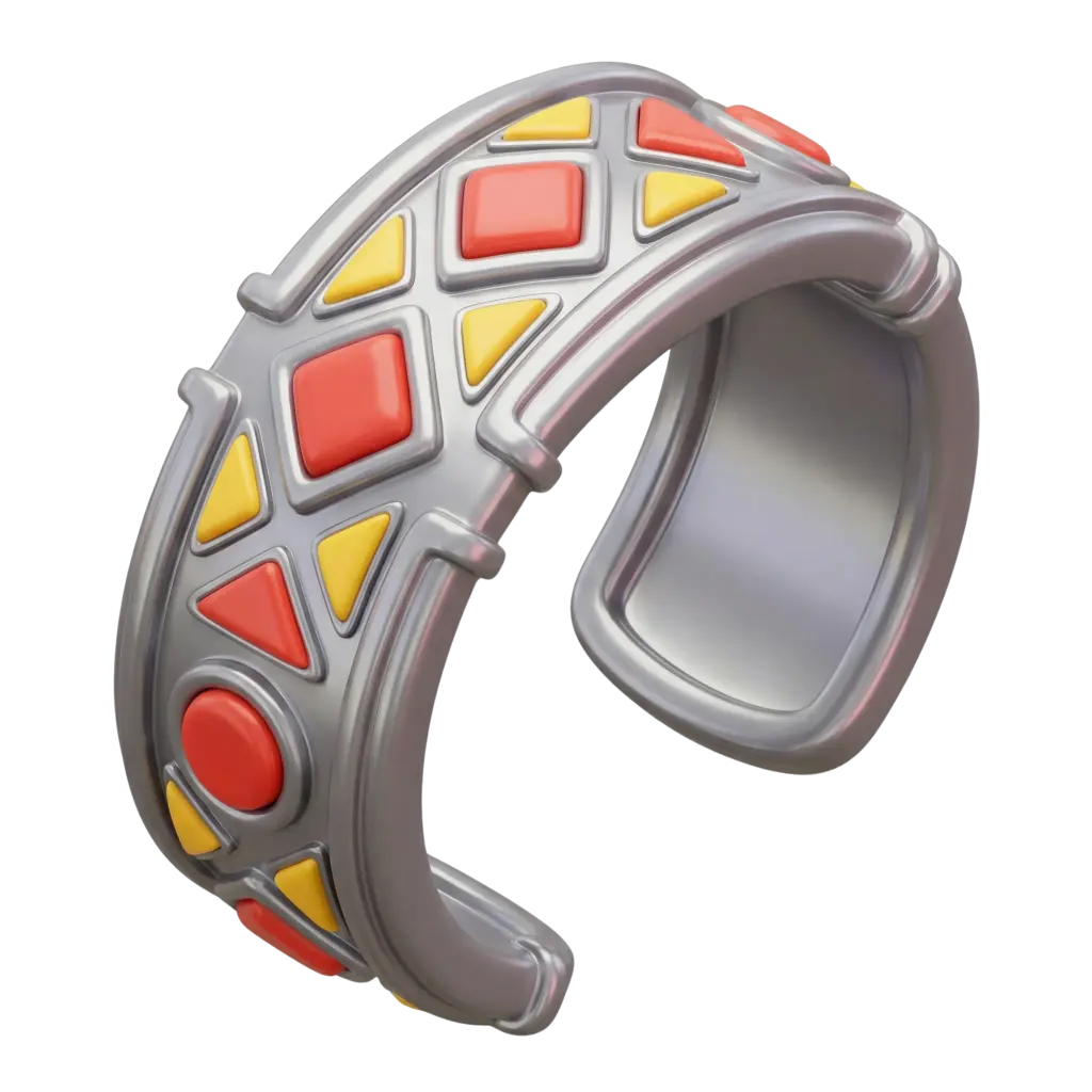 3D render of a metallic Berber cuff bracelet with glossy red and yellow enamel geometric inlays and a smooth silver band finish, isolated on a transparent background.