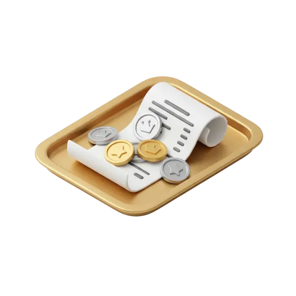 3D render of a rectangular gold metallic tray with rounded edges holding a curled white receipt and scattered gold and silver coins embossed with star and crown icons; materials combine glossy metallic and matte finishes. Isolated on a black background.