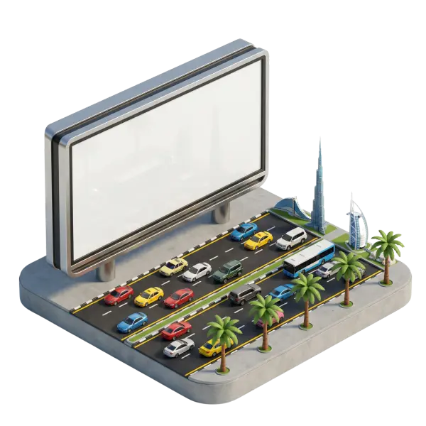 3D render of a metallic-framed billboard mounted on a miniature Dubai diorama featuring multi-lane roads, colorful cars, a bus, palm trees and small models of Burj Khalifa and Burj Al Arab; matte white ad panel and brushed metal finish on a transparent background.