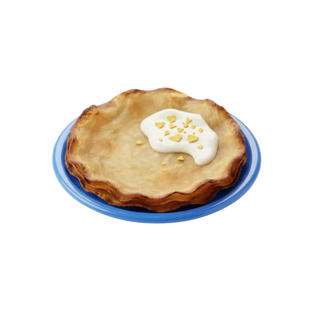 3D render of a round layered golden-brown Bint Al-Sahn on a bright blue plate, topped with a white cream dollop and small yellow crumbs, showing a glossy flaky texture and slightly crisp edges. Isolated on a black background.