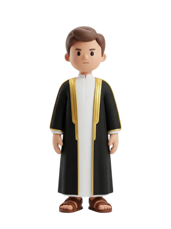 Full-body 3D character of a young boy wearing a white thobe and a black bisht with gold trim, brown sandals, neutral expression and arms at sides, isolated on a black background.