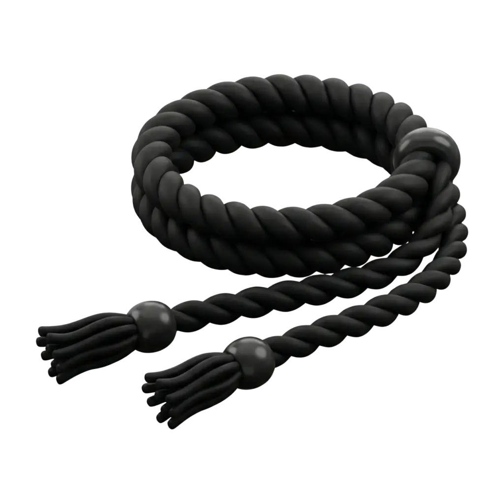 3D render of a traditional black agal formed by twisted double ropes with round beads and short tassels, featuring a smooth matte finish. Isolated on a transparent background.