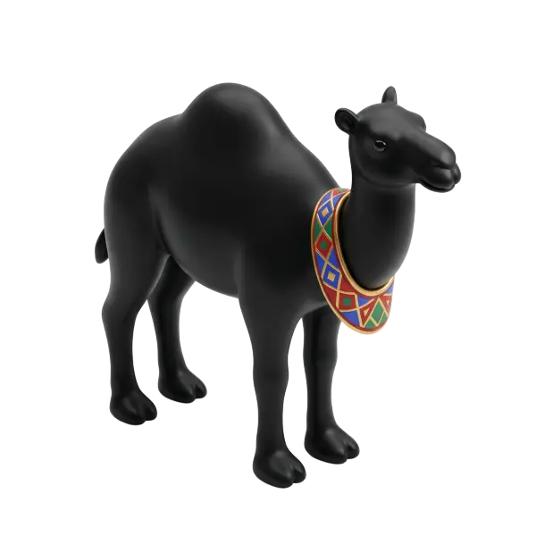 3D render of a stylized matte black camel with a single hump, smooth rounded forms and subtle highlights, wearing a colorful geometric gold-trimmed neck collar; isolated on a transparent background.