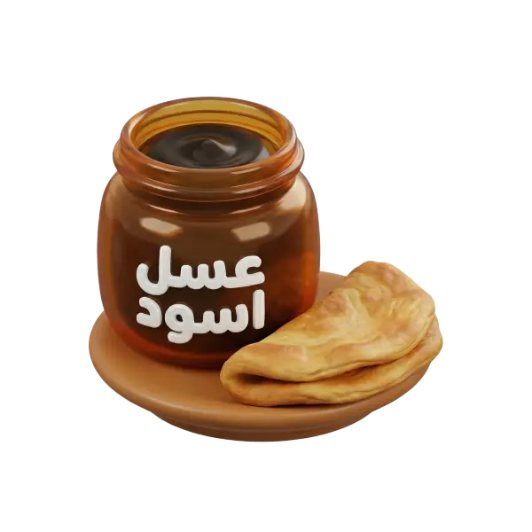 3D render of a jar of black honey in a brown glass jar with a glossy, dark viscous surface, placed on a round ceramic plate next to a folded flatbread. Isolated on a black/transparent background.