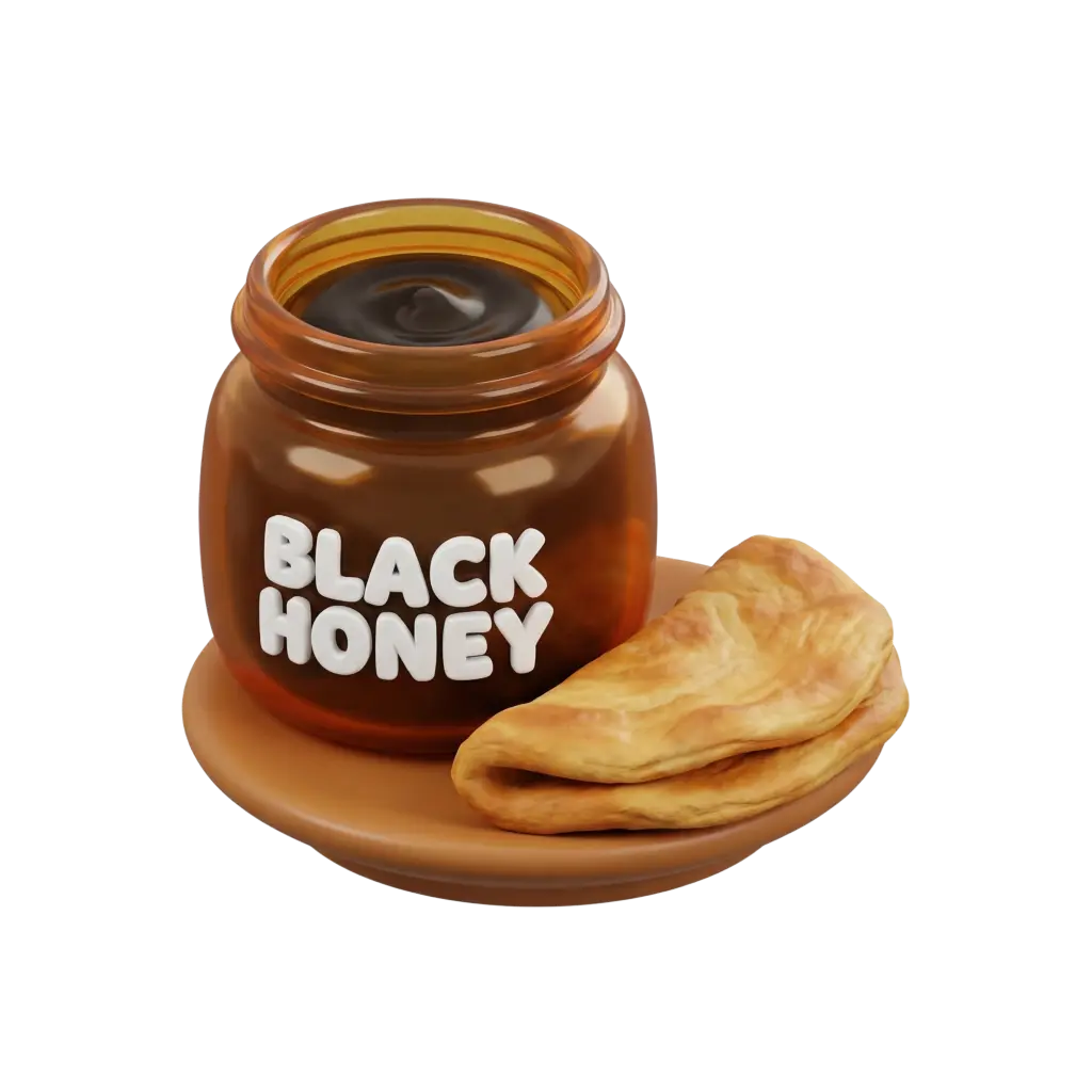 3D render of an amber jar labeled "BLACK HONEY" filled with dark viscous honey, sitting on a brown saucer next to a folded flatbread, against a black background.